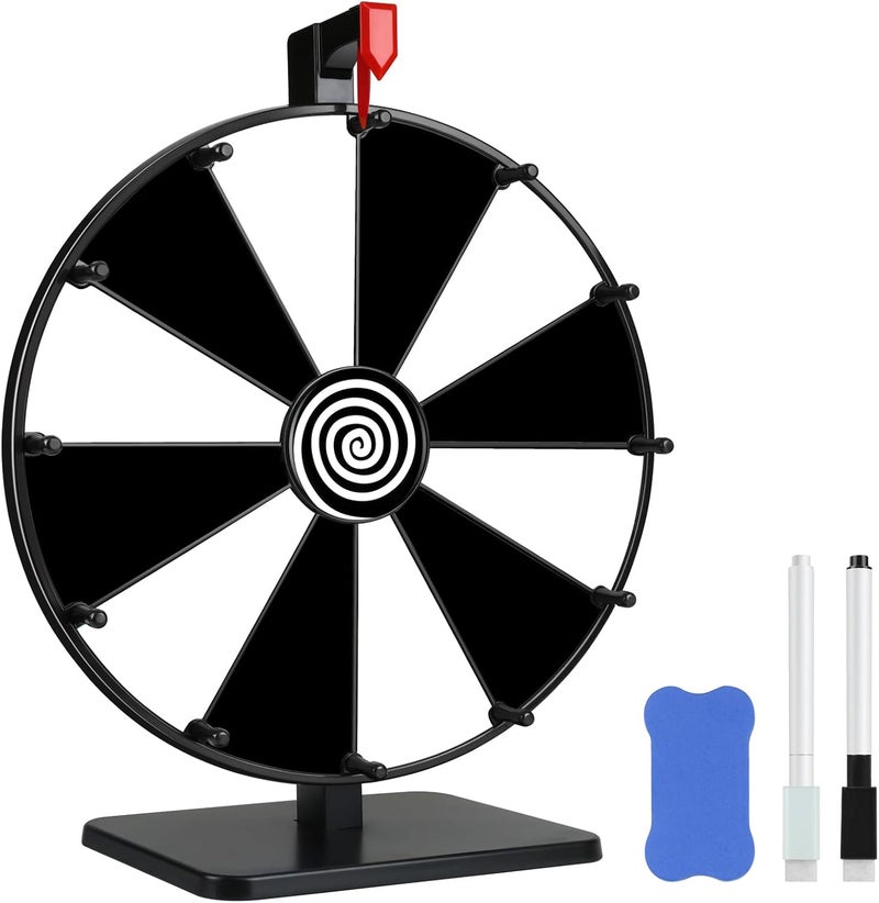 Pionites 12 Inch 12 Slots Prize Wheel Tabletop Fortune Spin with Dry Erase Marker and Eraser for Engaging Home Parties, Trade Show, Carnival Events (12''12Slots Black&White) - Image 1